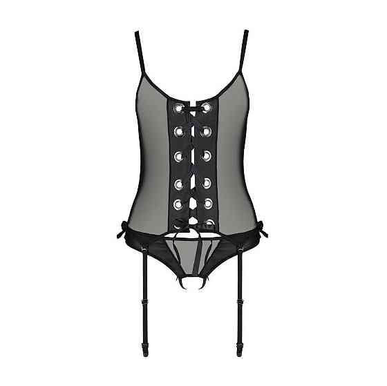Корсет зі шнурівкою Passion NESSY CORSET L/XL black, стрінги з відкритим доступом, пажі для панчіх Sex Aura Київ