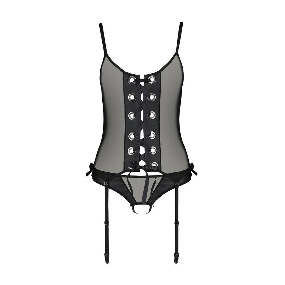 Корсет зі шнурівкою Passion NESSY CORSET L/XL black, стрінги з відкритим доступом, пажі для панчіх Sex Aura Київ - фото 3