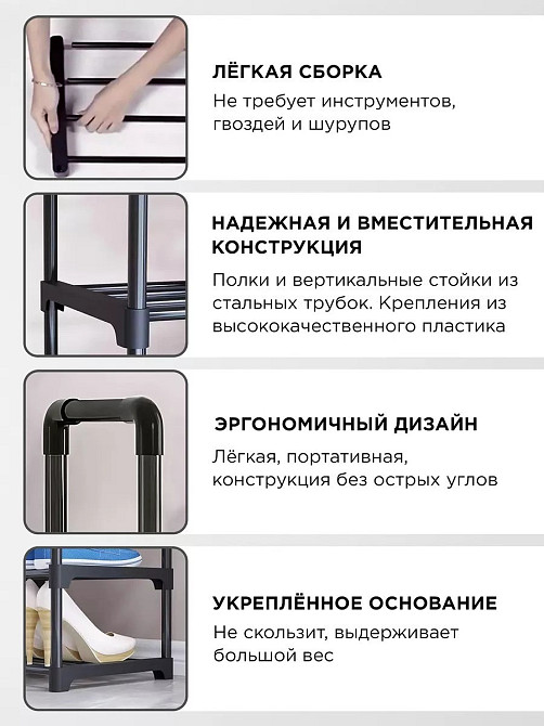 Модульна поличка для взуття, чорний органайзер на 4 полички для прихожої 170x72x28 см Чорний Кам'янець-Подільський - фото 2