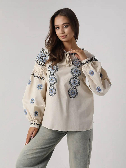 Женская стильная современная вышиванка с завязками 80% хлопок, 20% полиэстер 44 Одесса - изображение 1