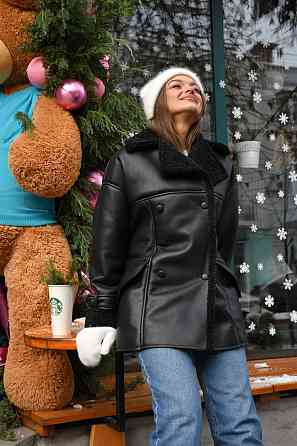 Женская стильная двубортная дубленка под пояс Черный 2, 44/46 Одесса