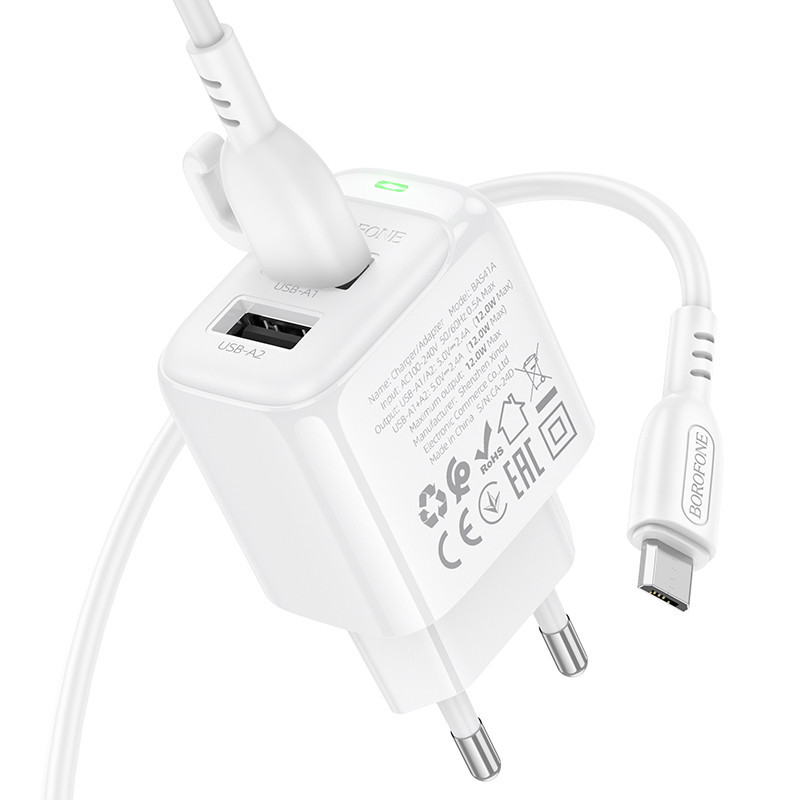 Мережевий зарядний пристрій з кабелем BOROFONE BAS41A Potential dual-port charger set(Micro) White Одеса - фото 6