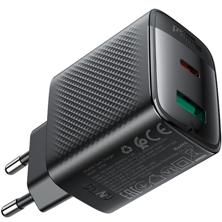 Зарядний пристрій 2xUSB 45W (USB-C+USB-A) Gan A106 Black Acefast Винница - изображение 3