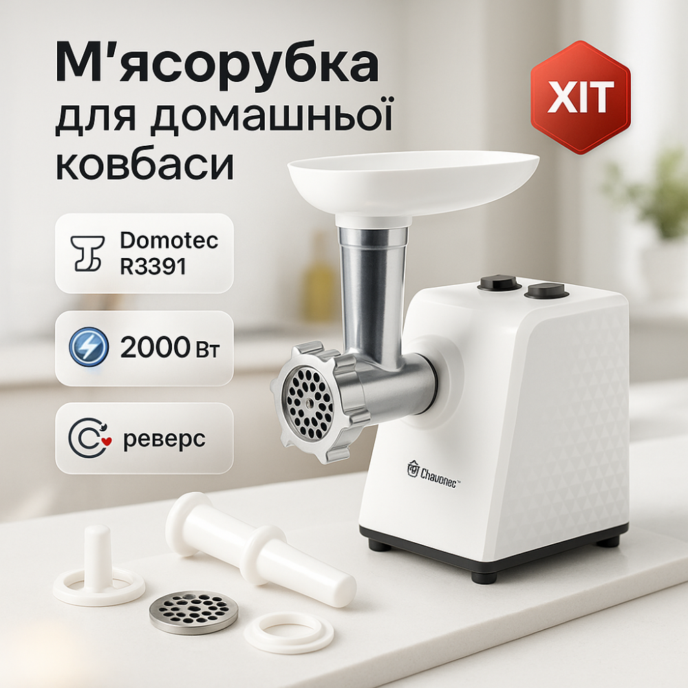 Потужна домашня м'ясорубка Domotec R3391 2000Вт, Потужна м'ясорубка з насадками для ковбас LD-76 Львів - фото 16