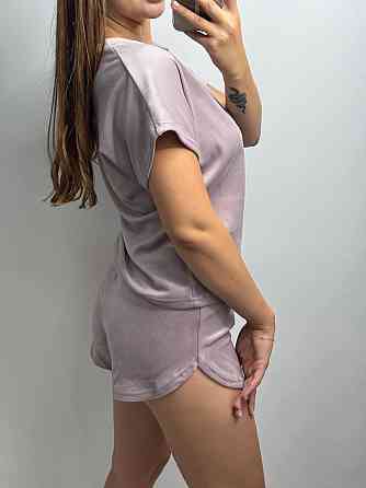 Піжама-комплект (футболка+шорти+штани) з плюшевого велюру Пудровий XXL Харків