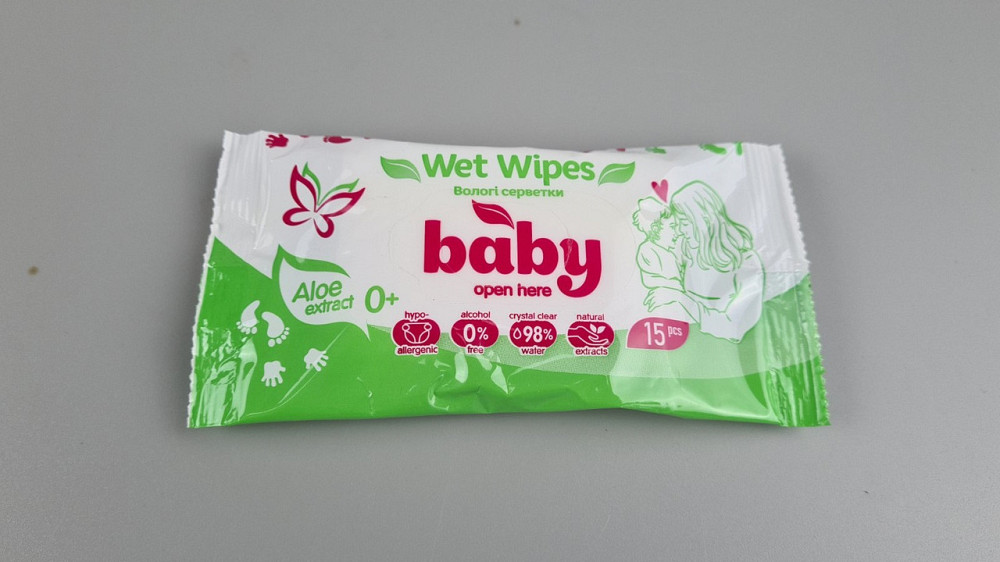 Влажная салфетка  15 шт WET WIPES BABY ALOE ЗЕЛЕНАЯ (1 пачка) Харьков - изображение 1