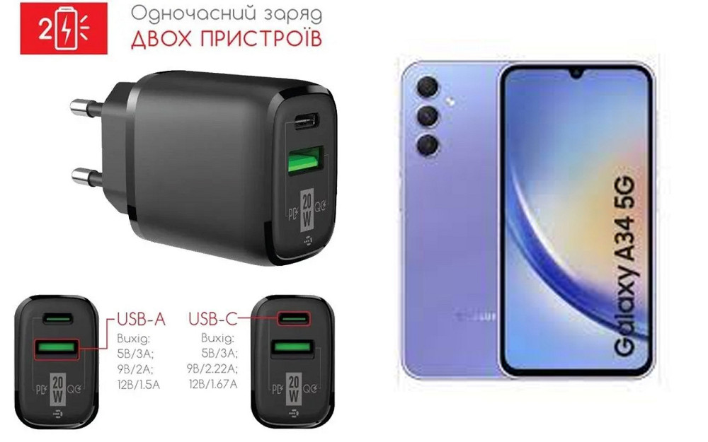 Сетевое зарядное устройство для Samsung Galaxy A34 5G, 20W 3A, Quick Charge 3.0 Киев - изображение 1