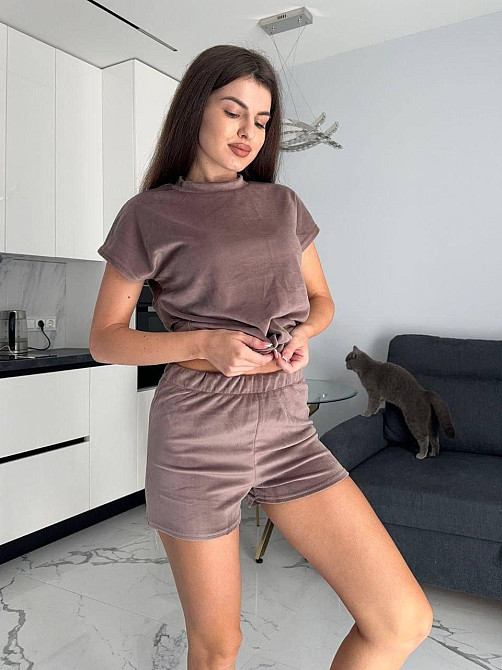 Женский домашний костюм тройка: футболка брюки + шорты плюш-велюр Мокко, 50/52 Одесса - изображение 2