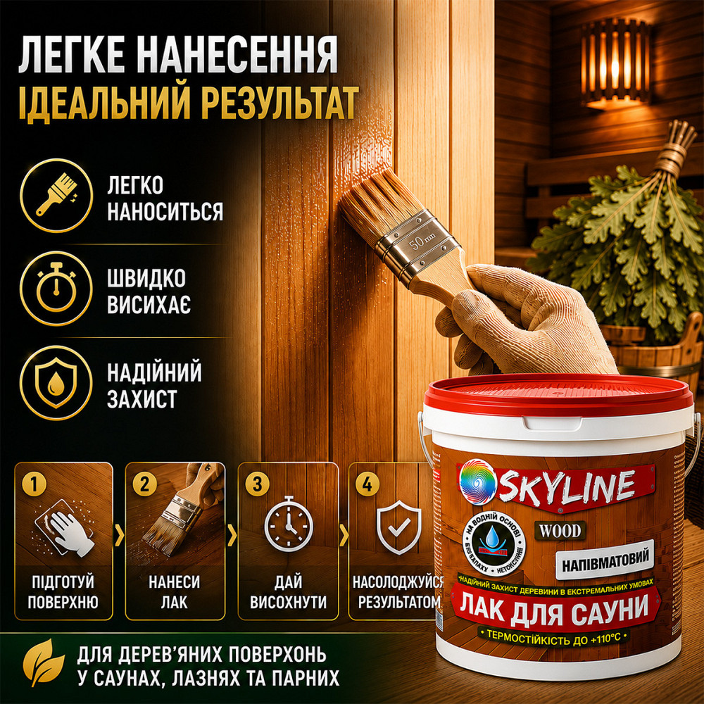 Лак для сауны SkyLine WOOD 3 л — акриловый полуматовый лак для дерева, прозрачный, без запаха, термостойкий до +110°C Харьков - изображение 6