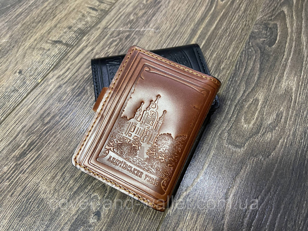 Шкіряна обкладинка для автодокументів на кнопці, обкладинка на паспорт id (каштан) Київ - фото 5