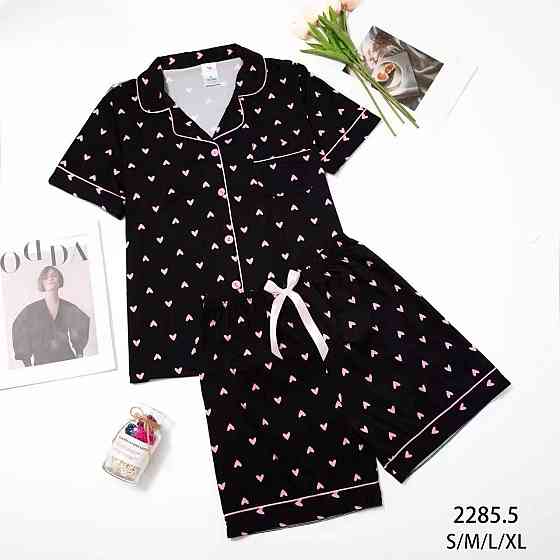 Женская трикотажная пижама двойка с сердечками Черный, 46 Одесса