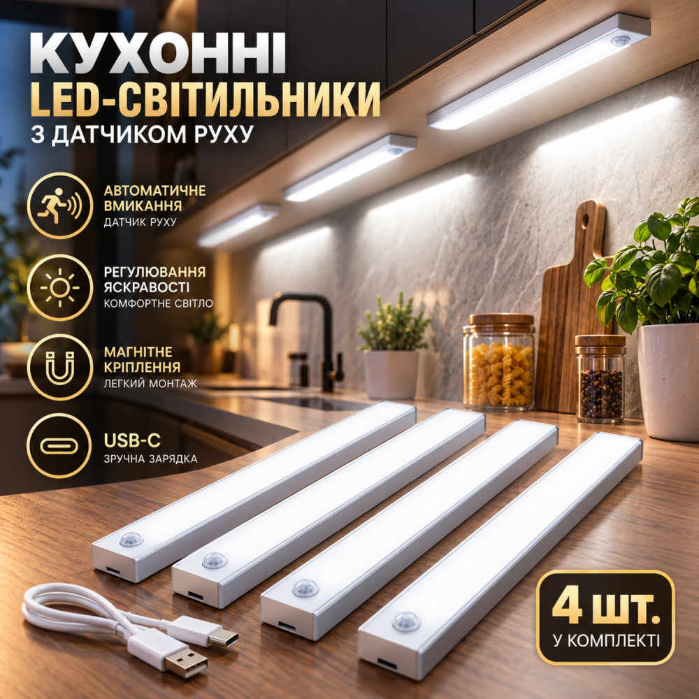 Кухонні LED-світильники з датчиком руху, 4 шт., USB-C, магнітне кріплення, регулювання яскравості, холодне біле світло Київ - фото 1