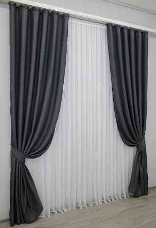Комплект готових штор VR-Textil Льон-блекаут Льон Мішковина № 1161ш Графітовий 100х270см 2 шт (31-458) Київ