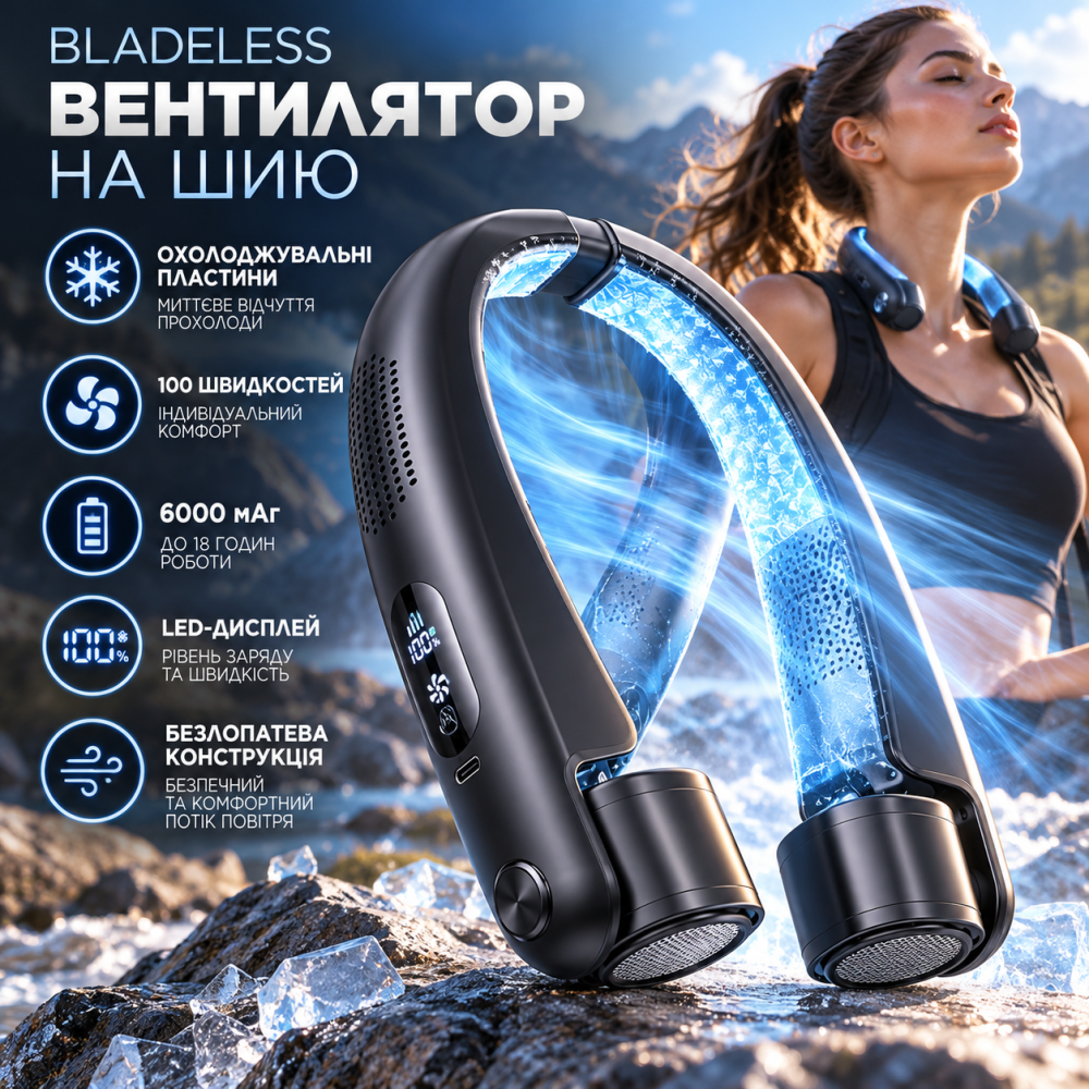 Безлопатевий вентилятор на шию з охолоджувальними пластинами, 6000 мАг, 100 швидкостей, дисплей, до 18 годин роботи Київ - фото 1