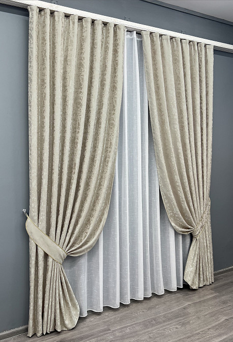 Комплект штор VR-Textil Льон Мармур 150х270 2шт і Тюль 400х270 1272ш-115т Теплий бежевий з білим 71-127/3 Київ - фото 2