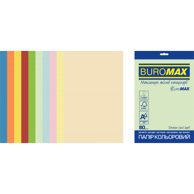 Бумага Buromax А4, 80g, PASTEL+INTENSIVE, 10colors, 250sh, SUPERMIX EUROMAX (BM.27216250E-99) Винница - изображение 1