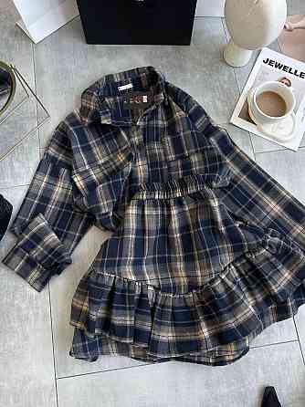 Женский костюм двойка: рубашка и юбка в клетку фланель Синий 2 Одесса