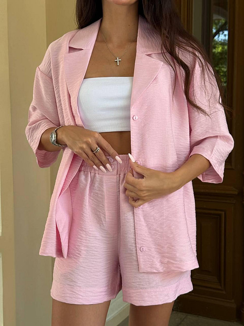 Женский летний базовый костюм двойка: шорты + рубашка свободного кроя лен бохо 46/48, Барби Одесса - изображение 7