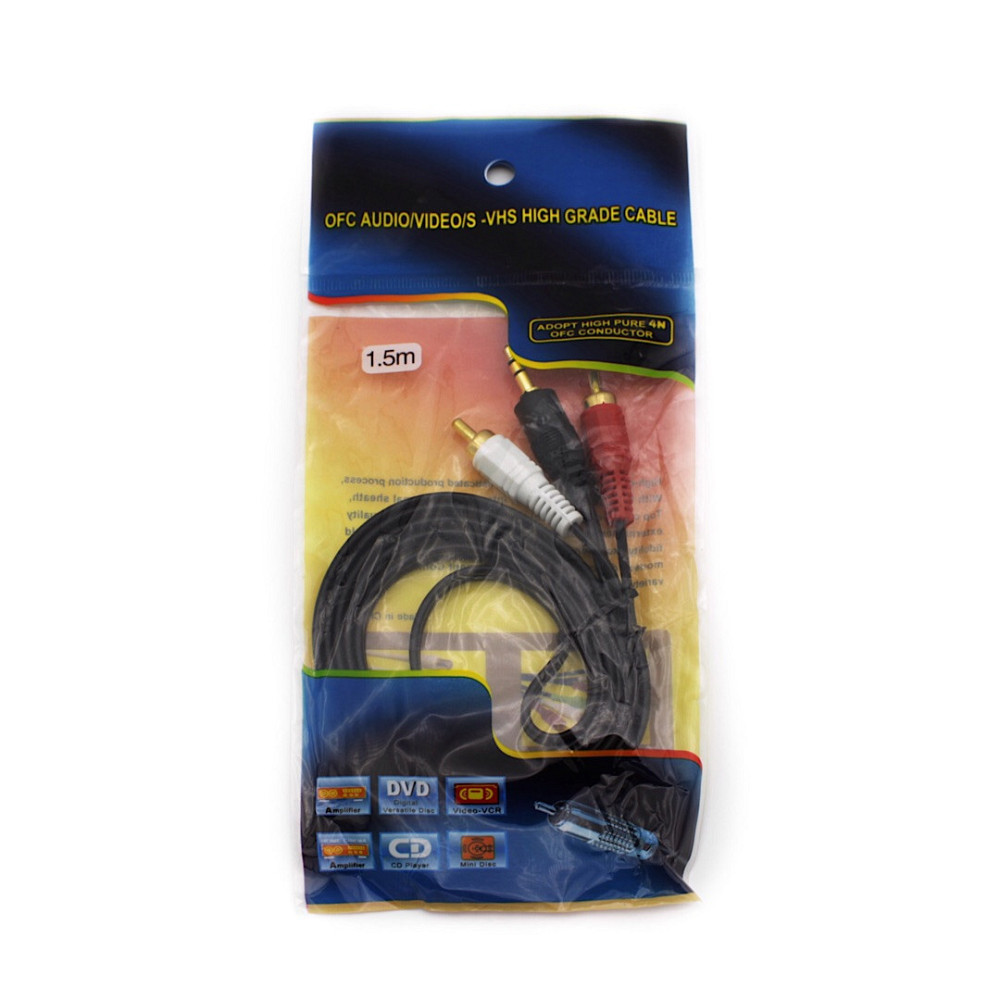 Аудіо відео кабель AV 3.5 Jack (тюльпан 2), 1.5 м (в пакеті) Дніпро - фото 1