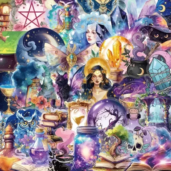 Набір наліпок “Магічний світ” – 50 шт. вінілові наклейки з відьмами, кристалами, чорними котами та зіллям Київ