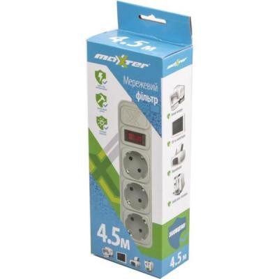 Сетевой фильтр питания Maxxter SPM3-G-15G grey, 4.5 м кабель, 3 розетки (SPM3-G-15G) Винница - изображение 2