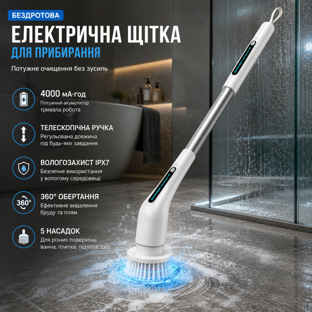 Бездротова електрична щітка для прибирання з акумулятором, телескопічною ручкою, обертова щітка для ванної, плитки, підлоги Київ - фото 9