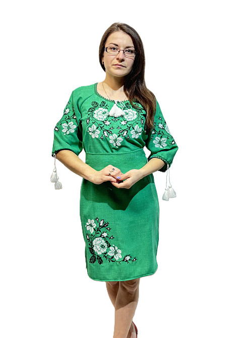 Вишите жіноче плаття з ніжним орнаментом Троянди в зеленому кольорі 44 Київ - фото 1