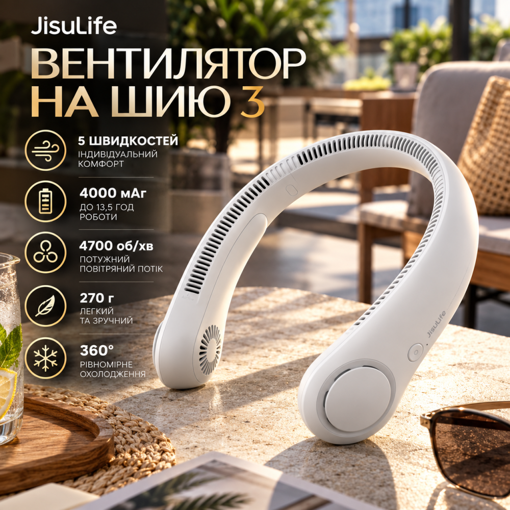 Вентилятор на шию JisuLife 3, 4000 мАг, 5 швидкостей, до 13,5 год роботи, 4700 об/хв, 270 г Київ - фото 1