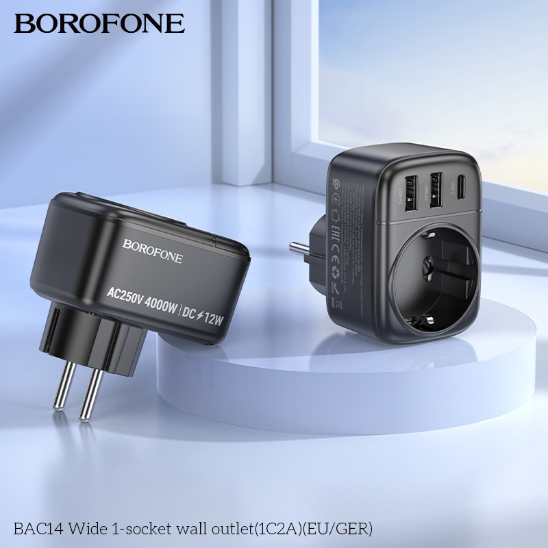 Сетевой фильтр BOROFONE BAC14 Wide 1-socket wall outlet (1C2A) (EU/GER) Black Одесса - изображение 9