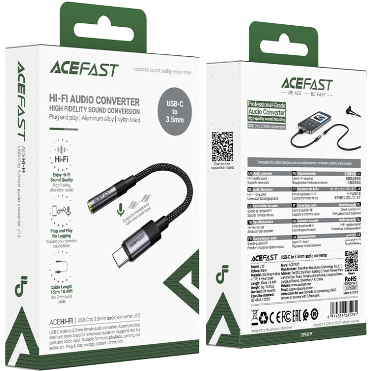 Перехідник USB-C --> 3.5 mm 15cm audio converter J12 Acefast black Вінниця - фото 4