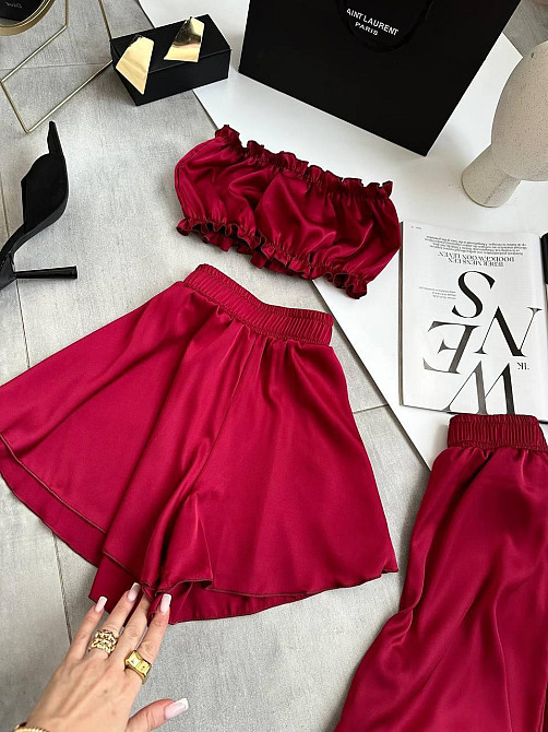 Жіноча піжама-трійка: топ шорти та штани із шовку армані Бордо, 44/46 Одеса - фото 4