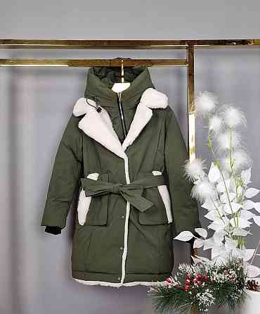 Детская зимняя куртка пальто на девочку подростка в цвете хаки 140 Николаев