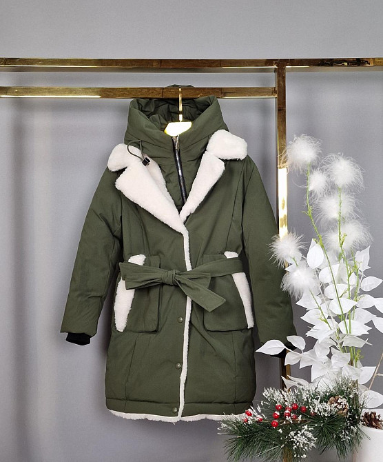 Детская зимняя куртка пальто на девочку подростка в цвете хаки 140 Николаев - изображение 1