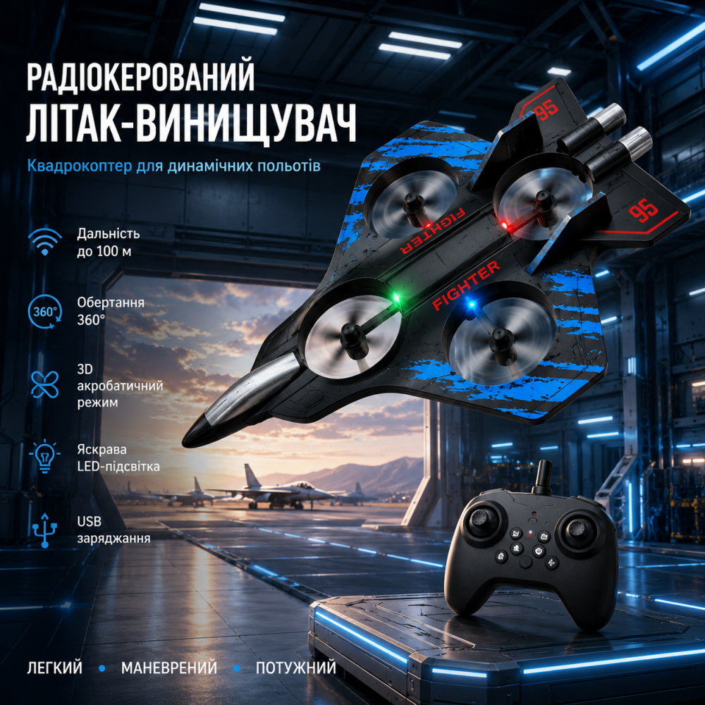 Літак-винищувач на радіокеруванні квадрокоптер USB, до 100 м, 360°, LED-підсвітка, 3D режим, пульт ДУ, чорно-синій Київ - фото 12