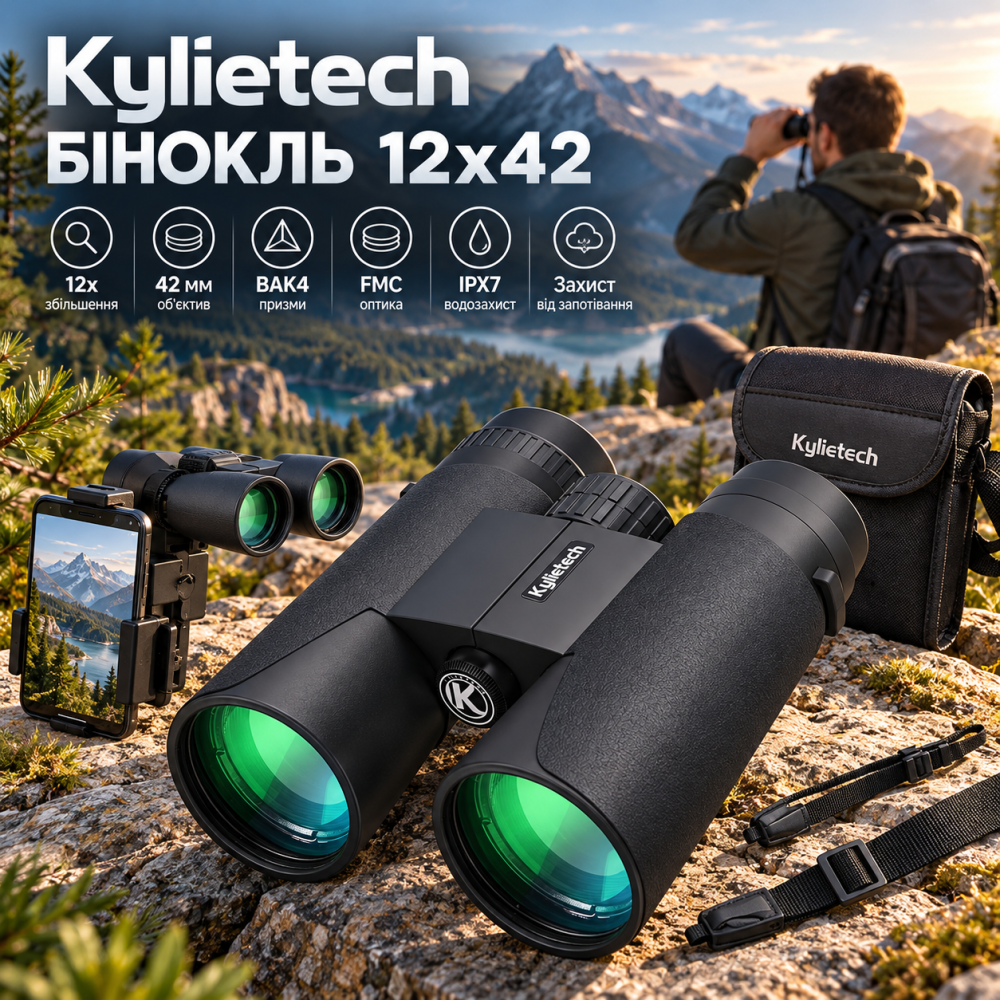 Бінокль Kylietech 12x42, призми BAK4, оптика FMC, водозахист, захист від запотівання, адаптер для смартфона Київ - фото 1