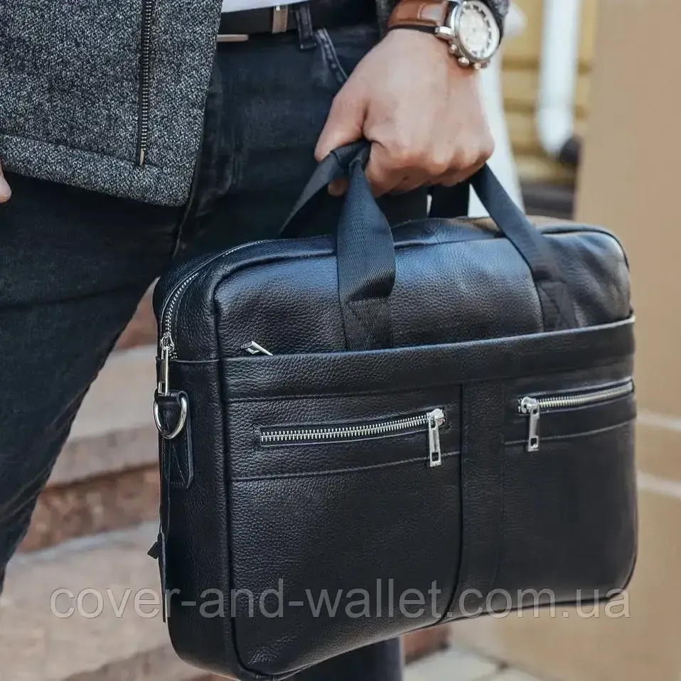 Офісна чоловіча сумка із натуральної шкіри чорного кольору ST Leather Київ - фото 7