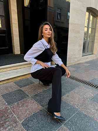 Женский брючный костюм тройка: рубашка, топ и штаны костюмка + шифон 50/52 Одесса