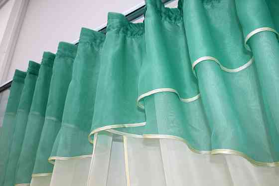 Кухонные шторы VR-Textil № 091к с ламбрекеном и подвязками бирюзовый с бежевым 280х170 см (52-0092) Киев