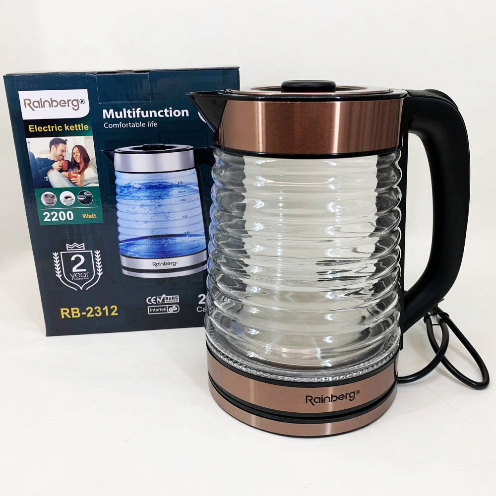 Скляні електричні чайники з підсвічуванням Rainberg RB-2312 2.2л 2200Вт, Потужний електричний чайник ZE-69 Івано-Франківськ - фото 1
