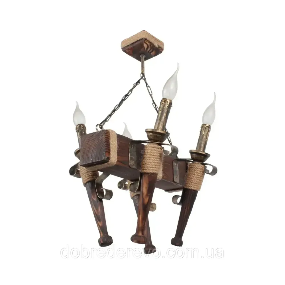 Люстра дерев'яна балка на ланцюгу на 4 факела в альтанку, сауну, будинок - кування під старовину Вижниця - фото 1
