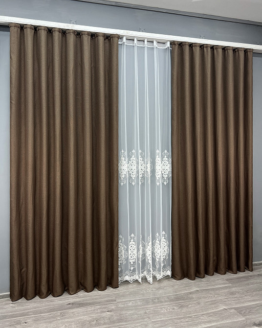 Комплект штор VR-Textil Лен Мешковина 150х270 2шт и Тюль 500х270 277ш-1843т Коричневый с молочным 71-187/4 Киев - изображение 3