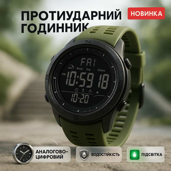 Зручний годинник для занять спортом SKMEI 1251AG ARMY GREEN, Рибальський годинник CX-78 Львів