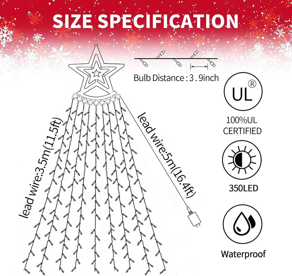 Гирлянда со звездой для елки, Звездный Водопад 350 LED, 9 нитей по 3.4м цветная 8 режимов для улицы и дома Киев - изображение 2