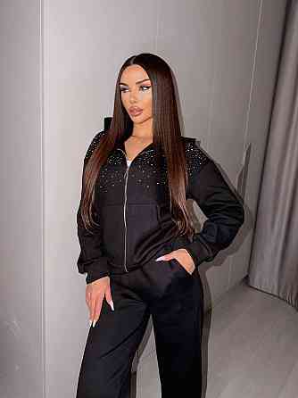 Жіночий стильний повсякденний костюм зі стразами вільного крою тринитка Чорний, 48/50 Одеса