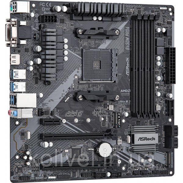 ASRock B450M Pro4 R2.0 (AM4/B450, 4*DDR4, 2xPCIex16, DVI-D/HDMI/VGA, 4xSATAІІІ, M.2, GLan, 8ch, mATX (B450M Київ - фото 2