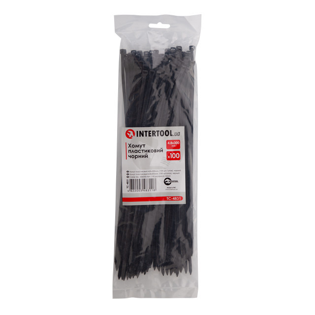 Хомут пластиковий, 4,8×300 мм, 100 шт/упак, чорний INTERTOOL TC-4831 Київ - фото 1