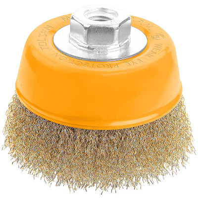 Щетка для электроинструмента Tolsen чашка 75 мм М14, гофрированная латунированная проволока 0.3 мм (77601) Винница - изображение 1