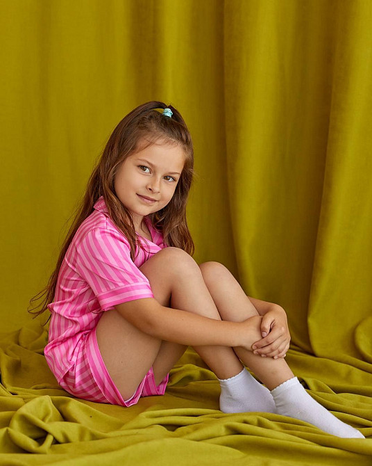 Детская пижамка из сатина шорты с рубашкой Розовый Полоска 146-152 Харьков - изображение 4