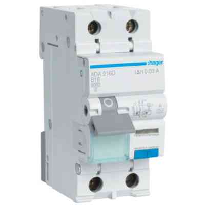 Диференціальний автоматичний вимикач Hager 1-п.+N 16A B 30mA (6kA) A (A) (ADA916D) Вінниця
