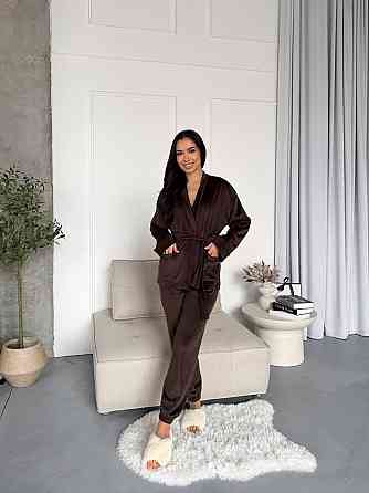 Женский стильный домашний велюровый комплект тройка Шоколад Одесса